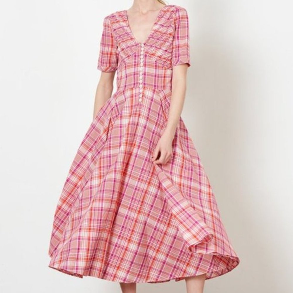 No.6 'Paola' Circle Plaid & Check Printed Fit & Flare Midi Dress, sz 0/XS